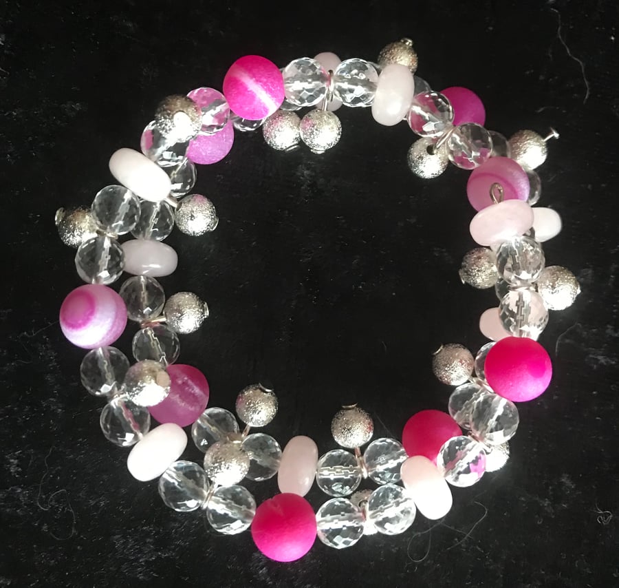 Beaded bracelet - pink beads - wrap around bracelet 