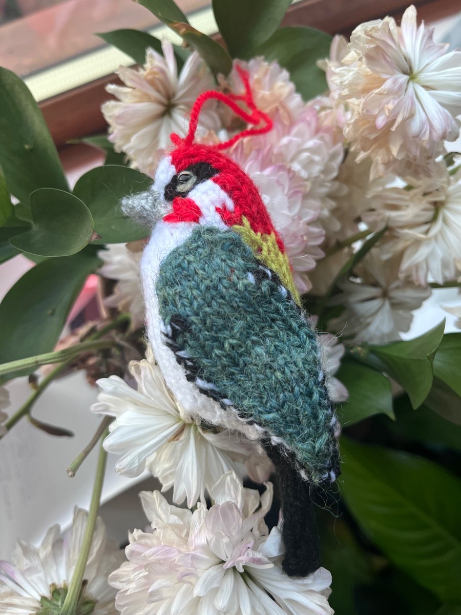 Green Woodpecker bird hand knit tree decoration 
