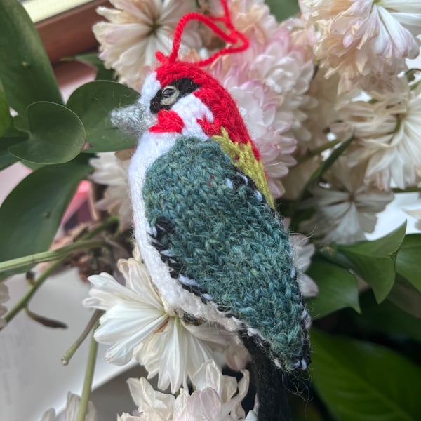 Green Woodpecker bird hand knit tree decoration 