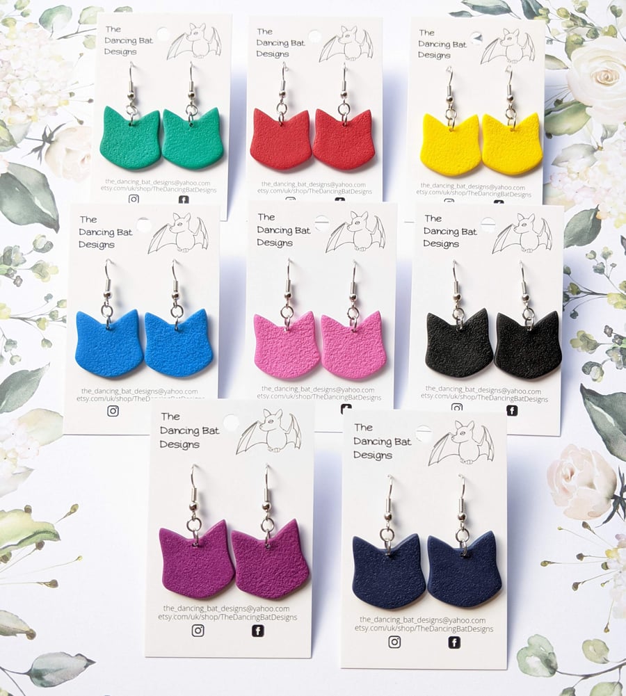 Bold Colourful Cat Head Earrings, Polymer Clay Dangle Drop Earrings