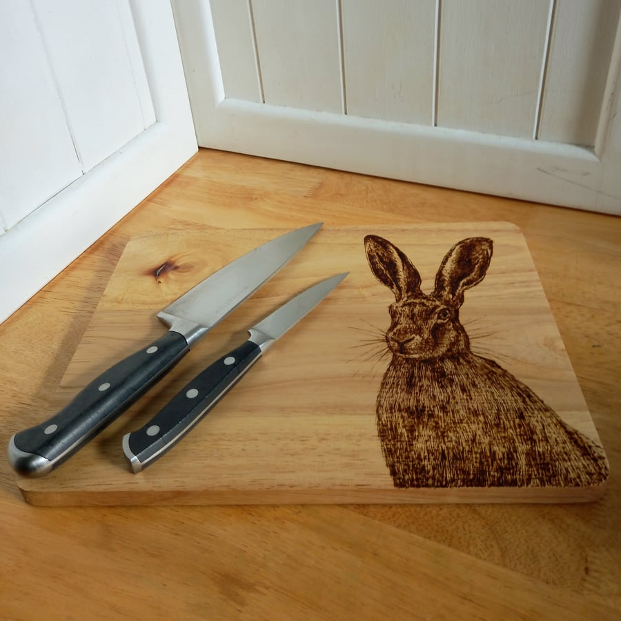 Pyrography hare wooden serving or chopping board