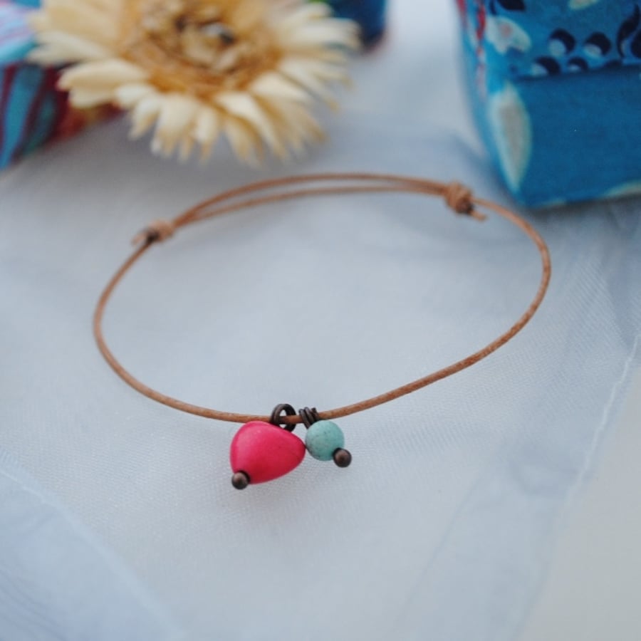 Friendship Bracelet-Leather & Fuchsia Howlite Heart