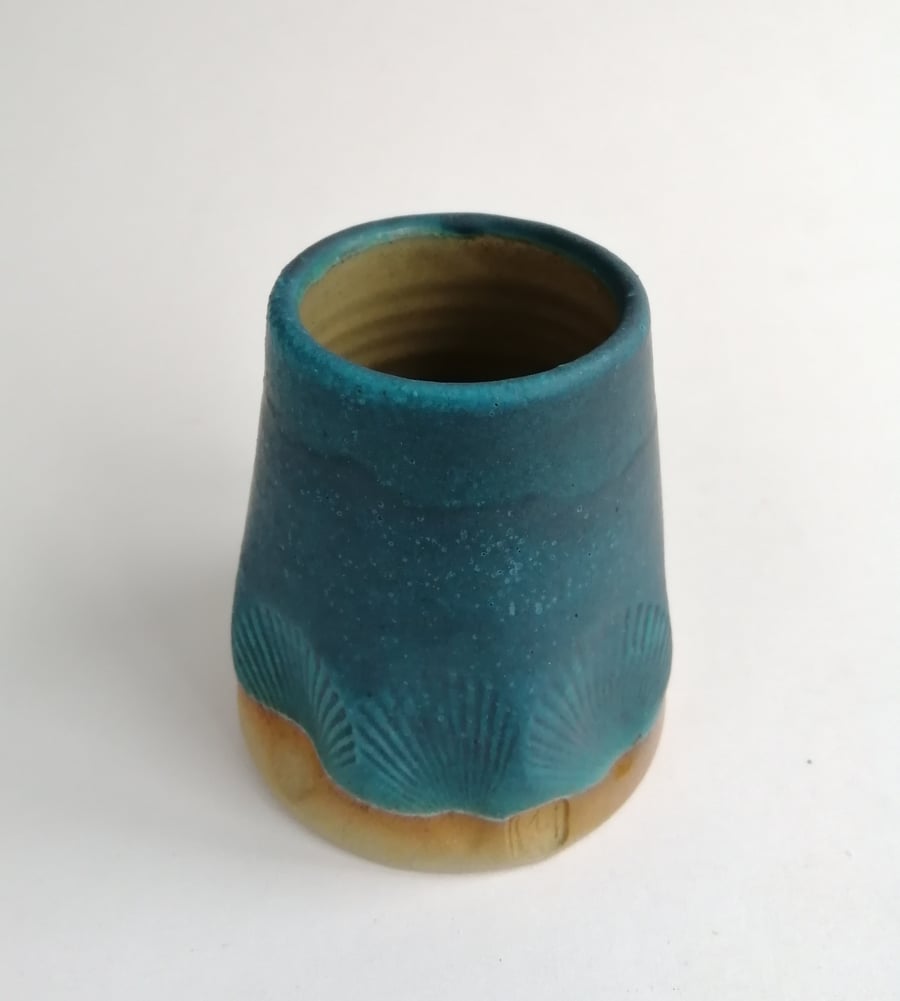 Handmade wheel thrown pottery stoneware small bud vase with shell impressions