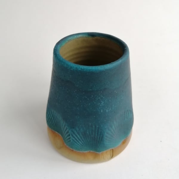 Handmade wheel thrown pottery stoneware small bud vase with shell impressions