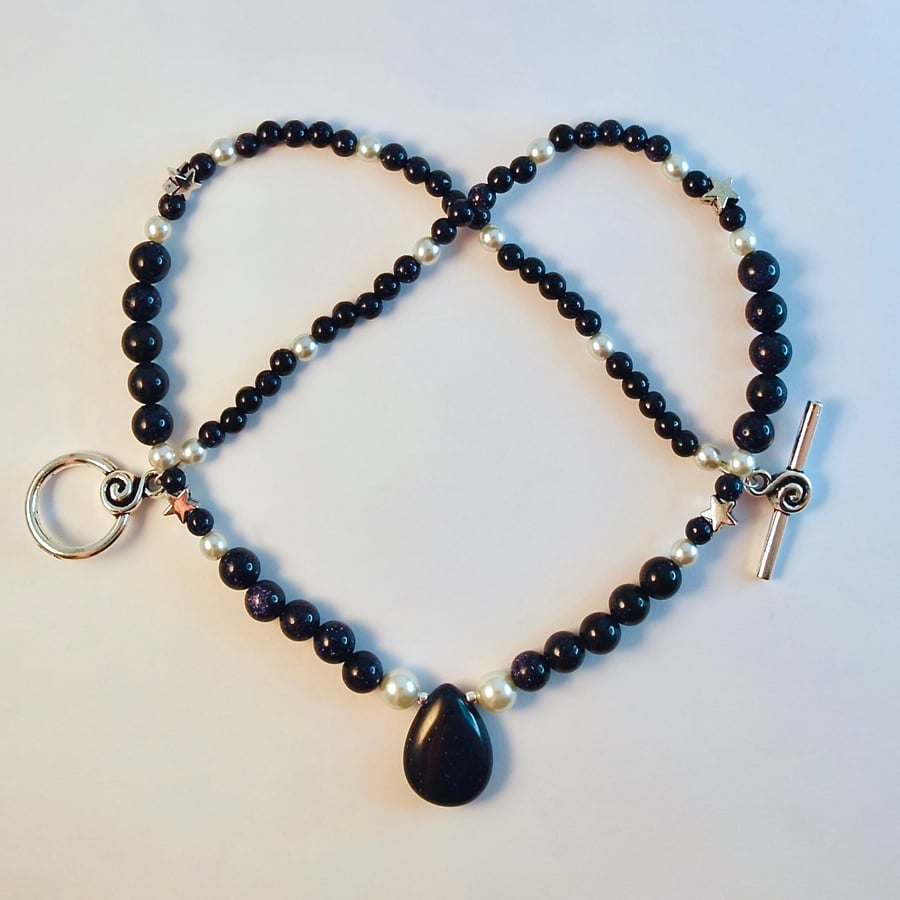 Blue Goldstone Necklace, Stars & Pearls, Birthday, Valentine, Mother's Day Gift