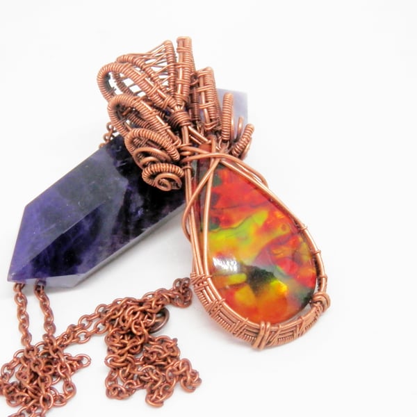 Dichroic Glass Celtic Style Copper Necklace
