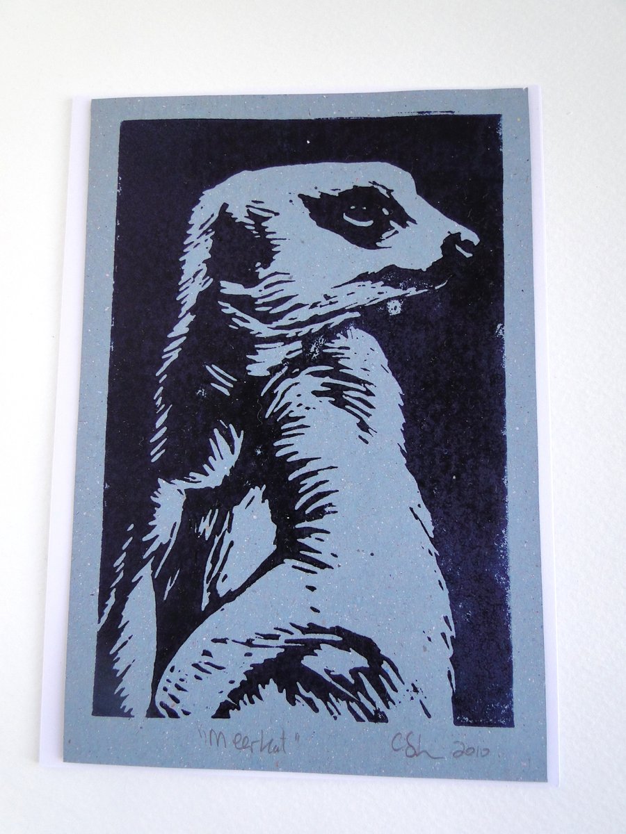 Meerkat Lino Print Blank Greeting Card Grey blue