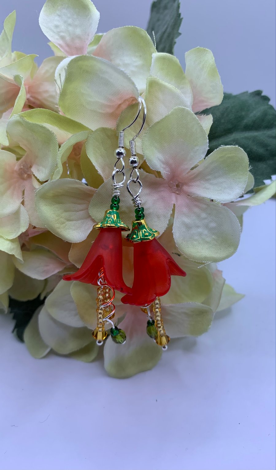 Art Nouveau Style Red Flower Crystal Dangle Earrings