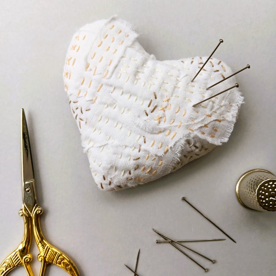 Hand Embroidered Pin Cushion Heart 