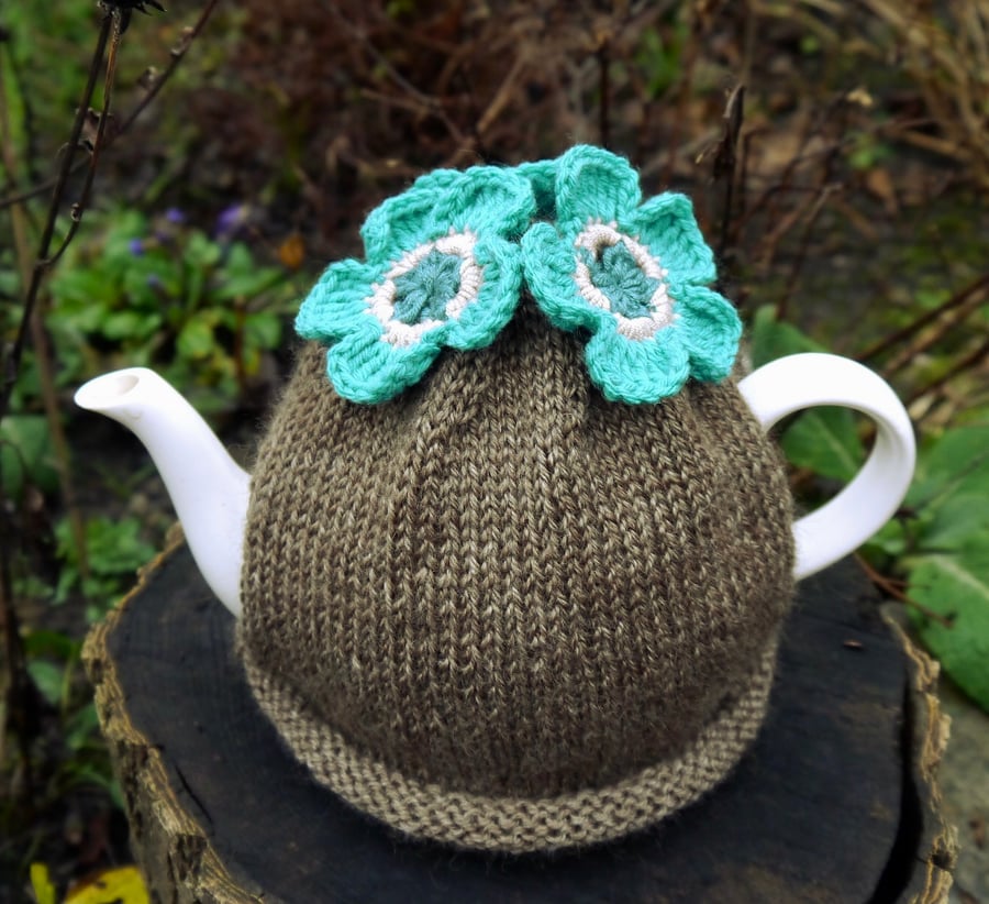 Turquoise Crochet Flower Tea Cosy, Teapot Cosy