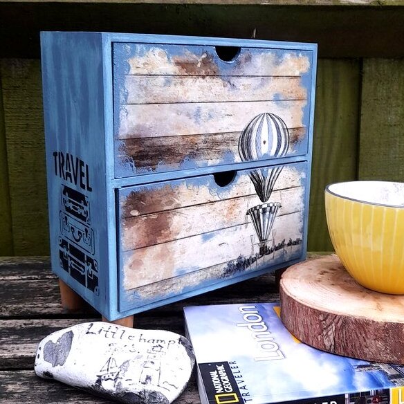 Handmade Coastal Blue Jewelry Chest - 2 Drawer Decoupage Trinket Box
