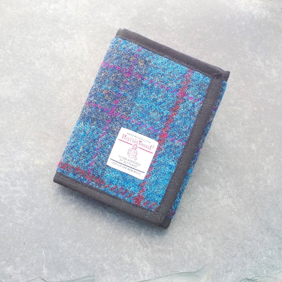 Harris tweed fabric wallet blue and purple tartan billfold gift for men