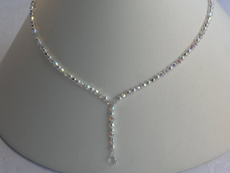 Yvonne - White Pearl, Crystal and Sterling Silver Y Necklace