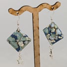 Square earrings: Japanese paper with plum blossoms on turquoise Japanese paper