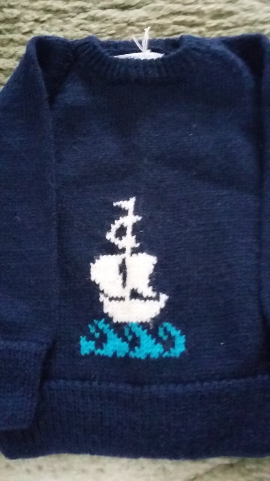 Galleon Jumper in navy, age up to 6 months. Seconds Sunday