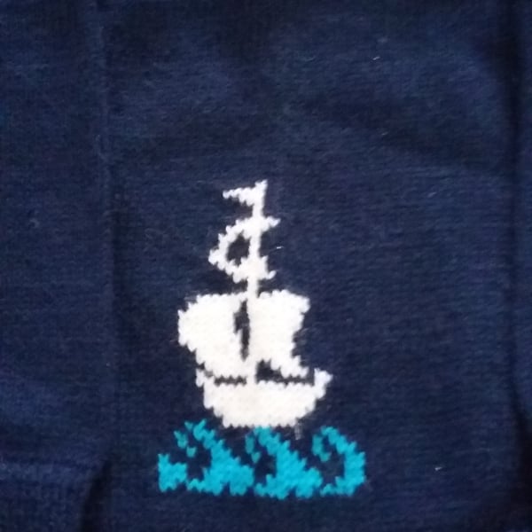 Navy Galleon Jumper, age up to 6 months. Seconds Sunday