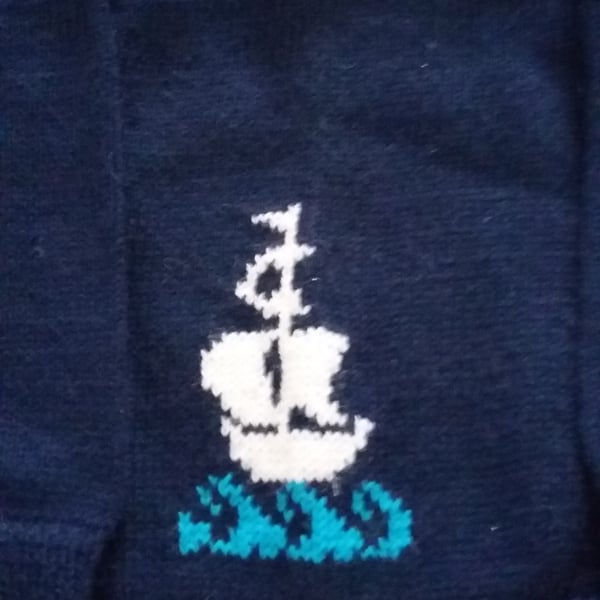 Galleon Jumper in navy, age up to 6 months. Seconds Sunday