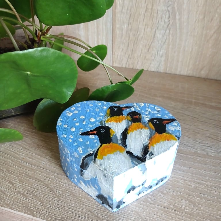 Trinket box love heart shaped, handpainted with penguins.  