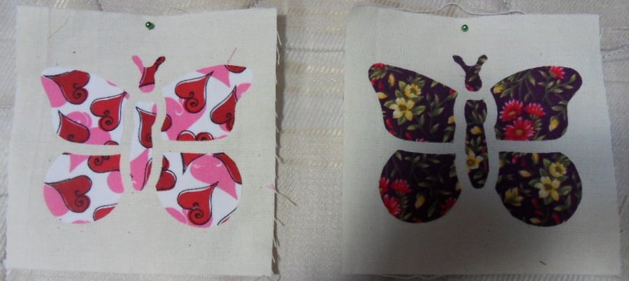 Homemade 2 Applique butterfly quilt blocks. 6" square. 100% cotton