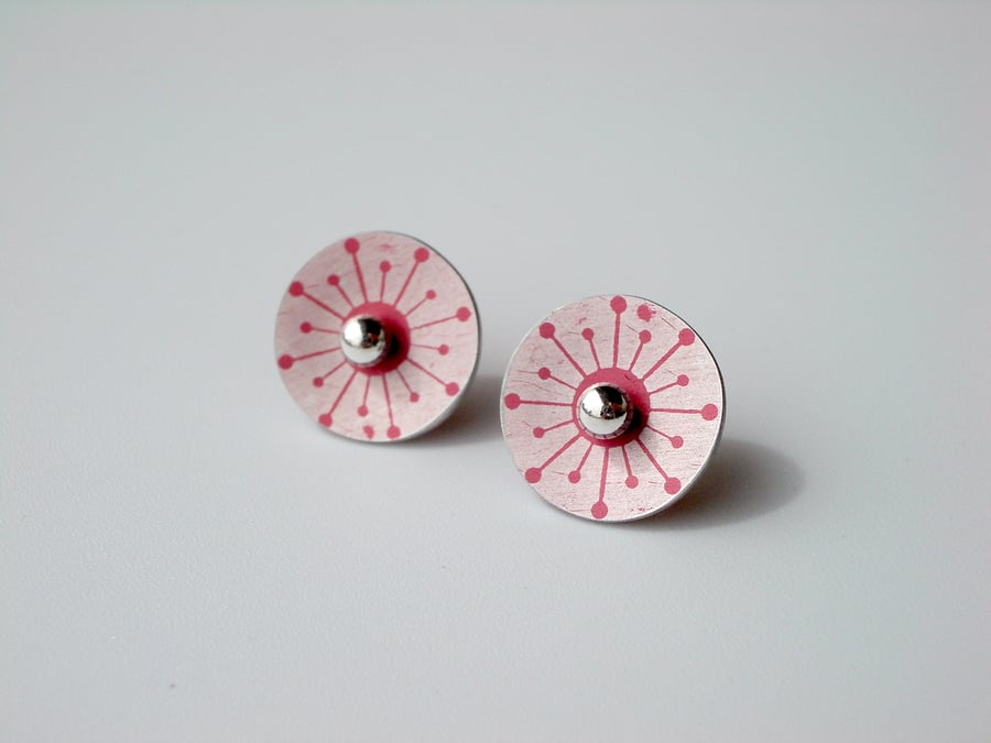 Circle earrings studs with red mid century star print