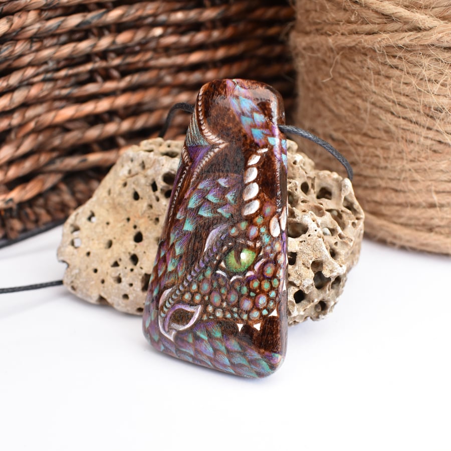 Lilac dragon. Pyrography with colour, long wooden pendant, wood gift.