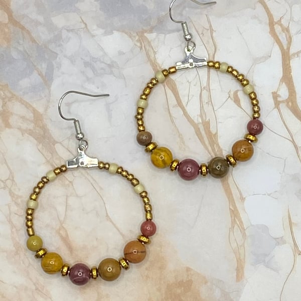 Memory wire hoop earrings with mookaite stones