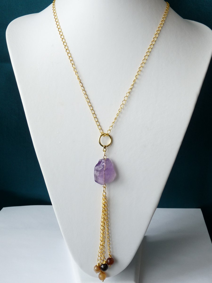 Amethyst & Agate Tassel Necklace - Genuine Gemstone - Handmade