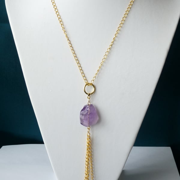 Amethyst & Agate Tassel Necklace - Genuine Gemstone - Handmade