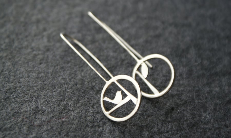 Edge of the woods silver bird drop earrings