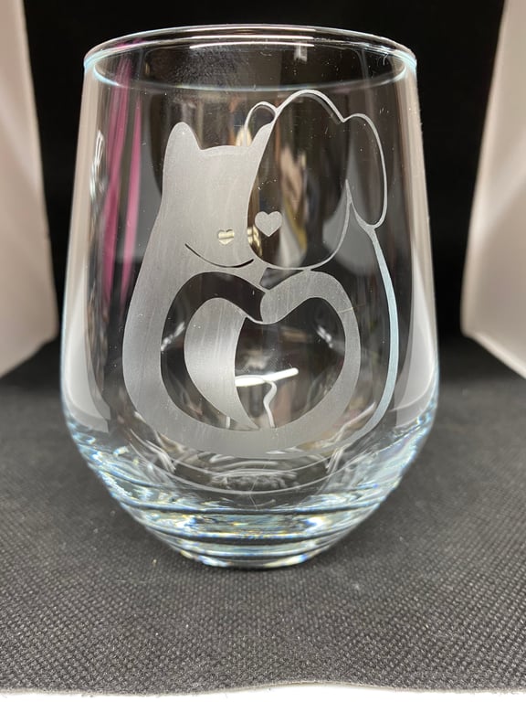 Hand Etched Glass, Dog and Cat Love Heart