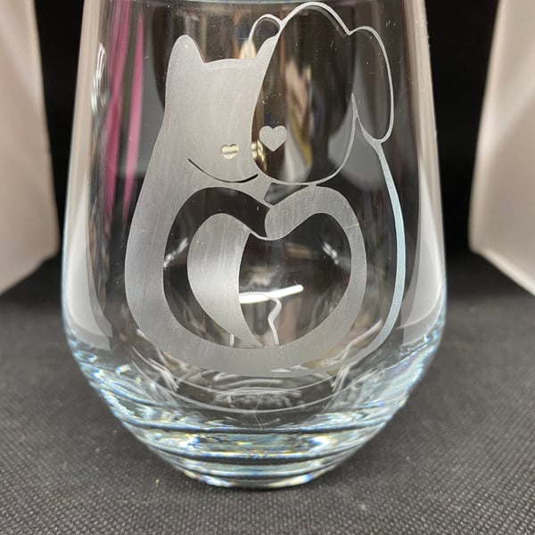Hand Etched Glass, Dog and Cat Love Heart