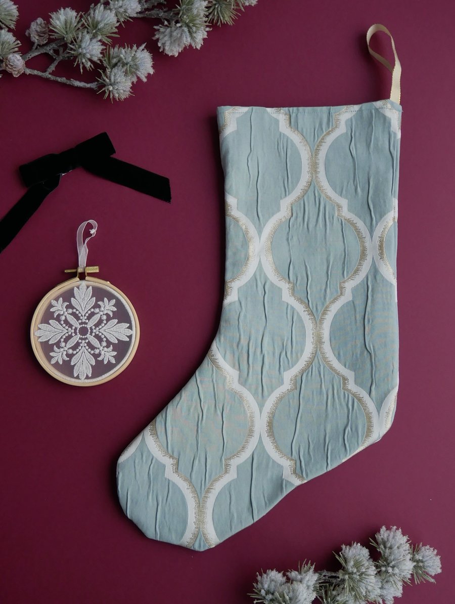 Duck Egg Blue and Gold Christmas Stocking - Large
