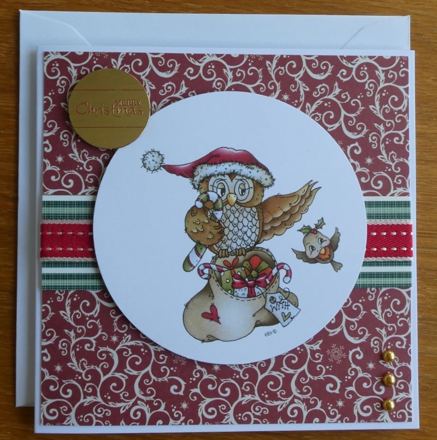 Sale - Merry Christmas Card - Owl With Sack of Presents