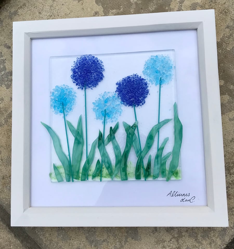 Alliums in fused glass picture , wall decoration, wall art