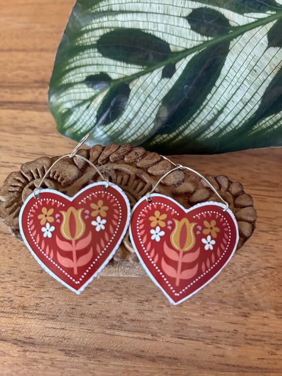 Folk heart recycled tin and silver earrings (large)