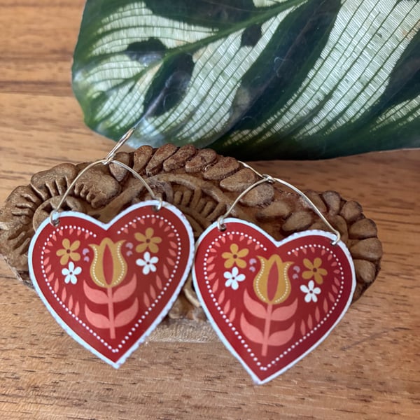 Folk heart recycled tin and silver earrings (large)