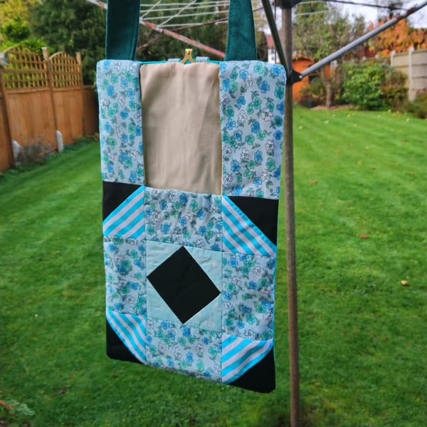 Patchwork peg bag. Green, aquamarine, black large peg bag with shoulder strap. 