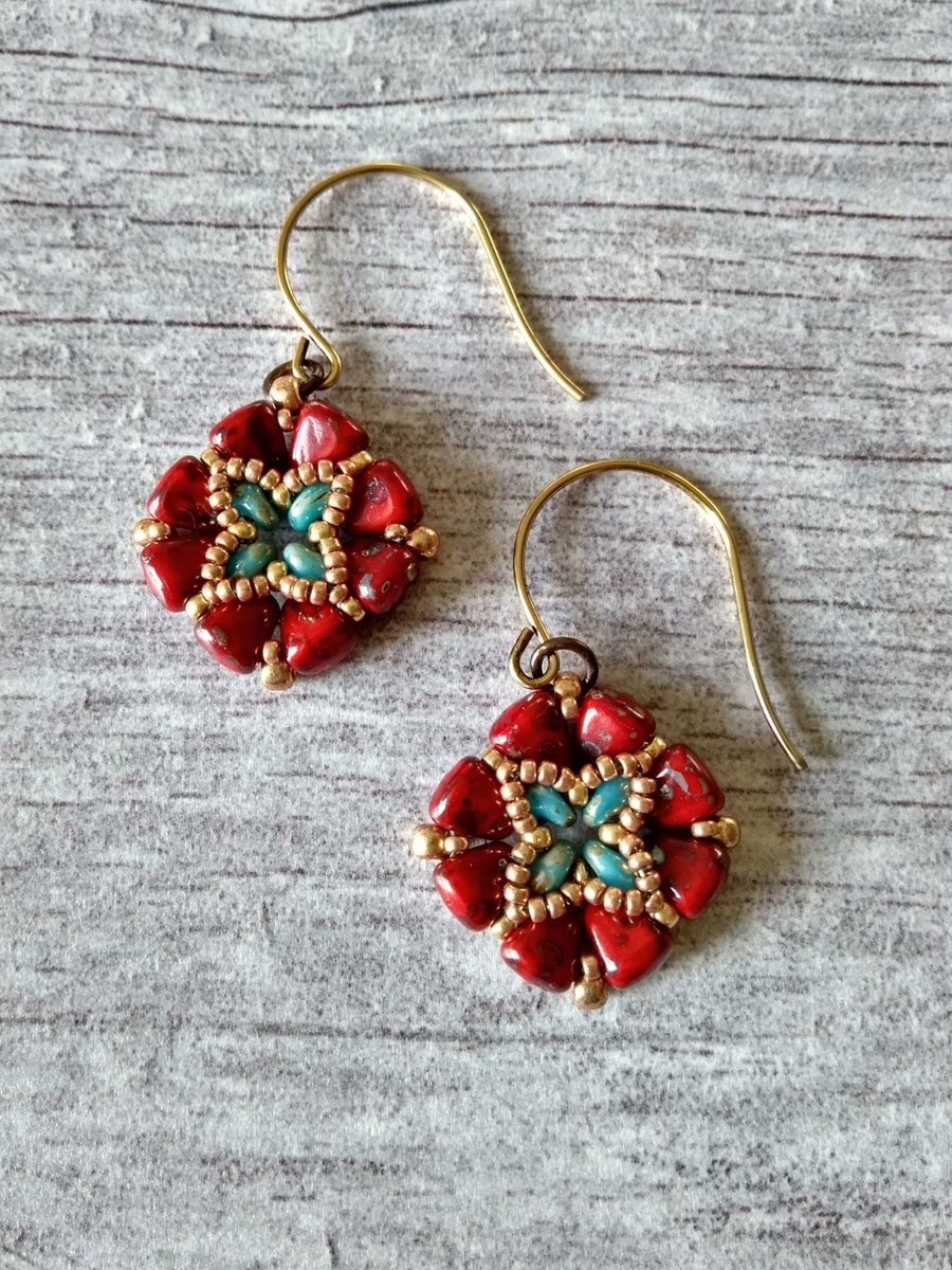 Red & Gold Beaded Earrings - Tile Earrings - Square Earrings