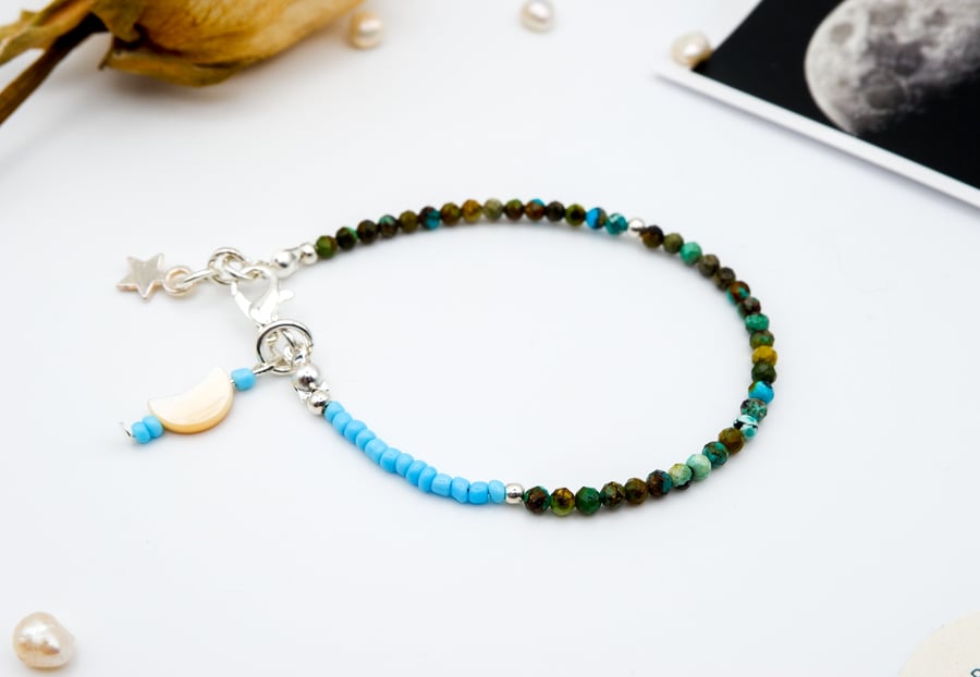 African Turquoise Bracelet - Celestial Blue Seed Bead Crescent Moon Bracelet 