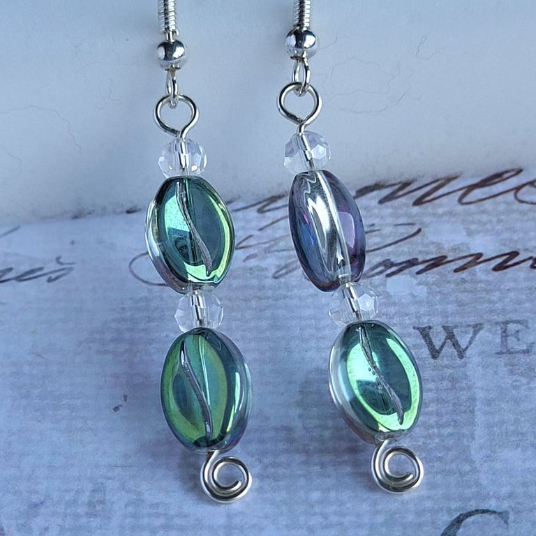 Coffee Bean Earrings, Electroplate Rainbow Glass Beads, Aquamarine Rainbow