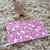 Child face covering – sheep on pink print material