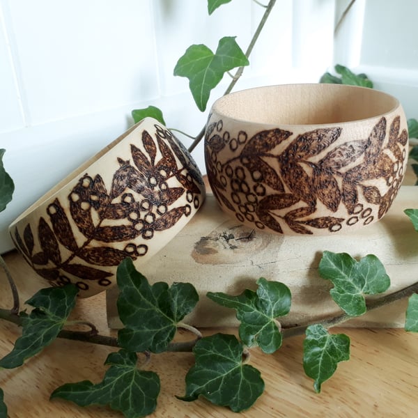 Pyrography rowan berries & leaves wooden bangle 