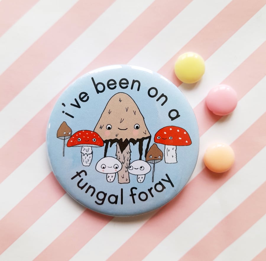 fungal foray badge - 58mm handmade pin badge - handmade toadstool badge