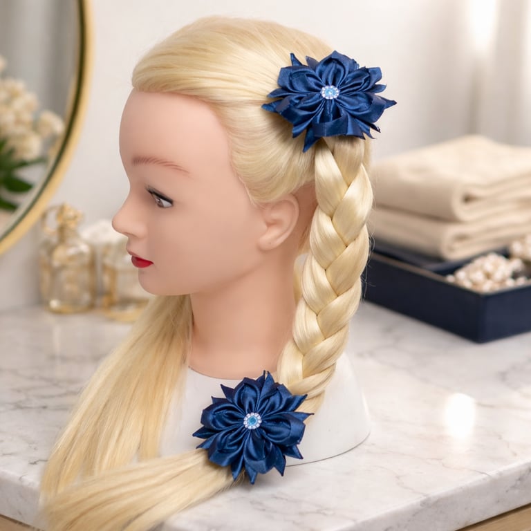 Dark Blue Ribbon Roses with Rhinestones, Cute Toddler Pigtail Elastics, Birthday