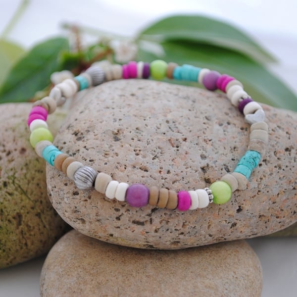 Turquoise heishi violet howlite stretch bracelet-boho, beach & surfer