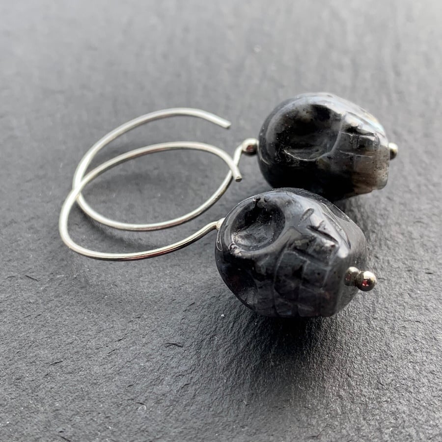 Norwegian Larvikite Hoop Earrings. All 925 Sterling Silver Hand Forged Wire
