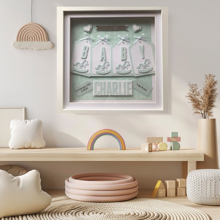 Personalized New Baby Shadow Box Frame: Aquamarine Rocking horse Theme