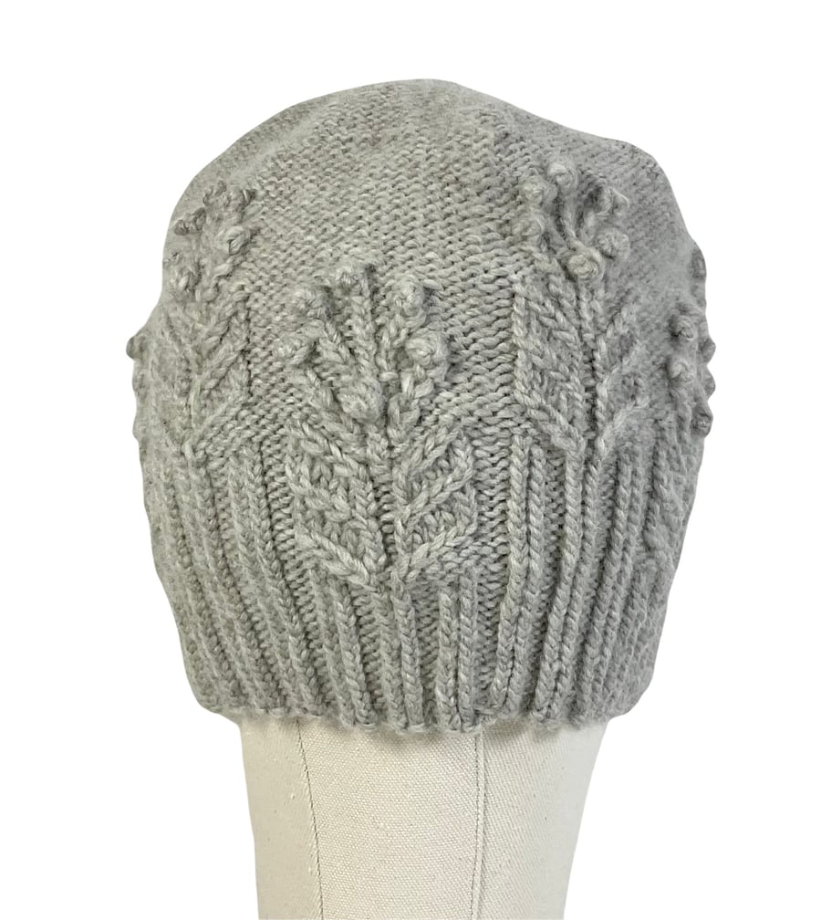 Hat with cables and bobbles in soft grey organic merino wool , slouchy cabled 