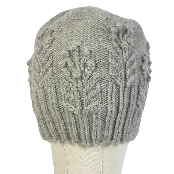 Hat with cables and bobbles in soft grey organic merino wool , slouchy cabled 