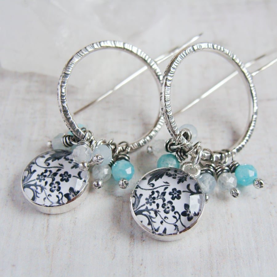 Oxidised Sterling Silver Gemstone Floral Charm Illustration Dangly Earrings